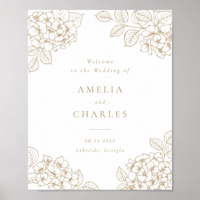 Floral Elegant Gold Hydrangea Wedding Welcome Poster (Front)