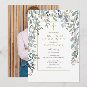 Floral Elegant Gold Photo First Holy Communion Invitation