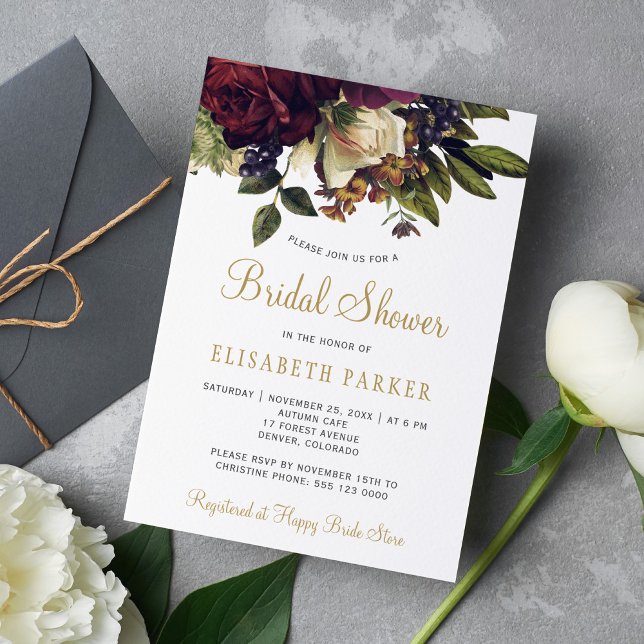 Floral elegant gold script bridal shower invitation (Creator Uploaded)