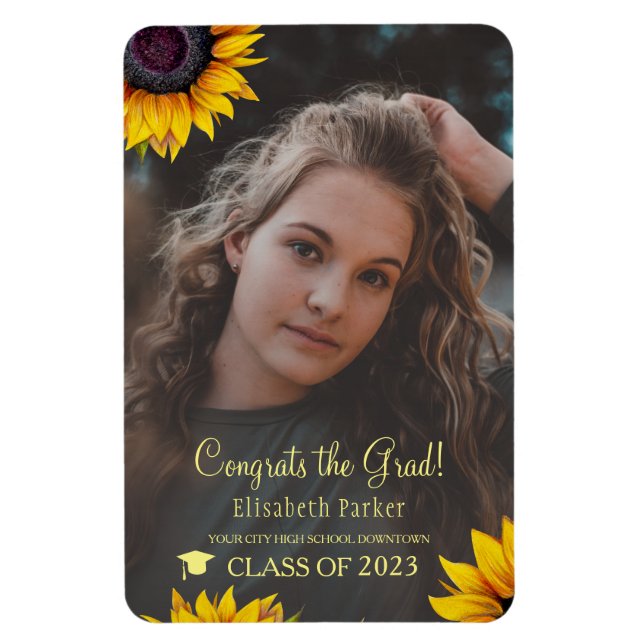 Floral elegant gold script grad photo graduation magnet (Vertical)