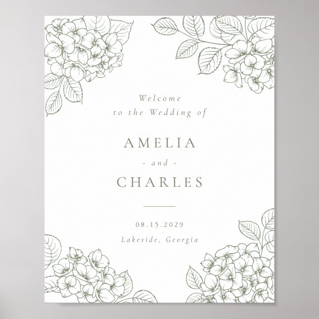 Floral Elegant Green Hydrangea Wedding Welcome Poster (Front)