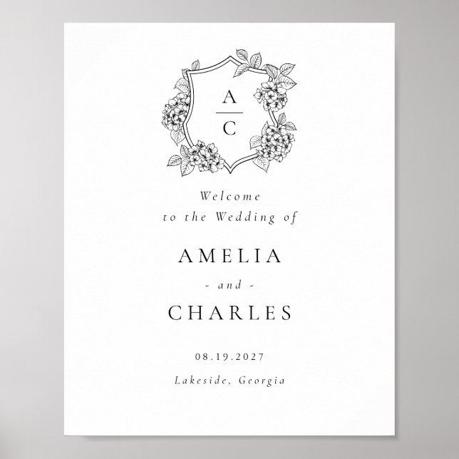 Floral Elegant Hydrangea Crest Wedding Welcome Poster (Front)