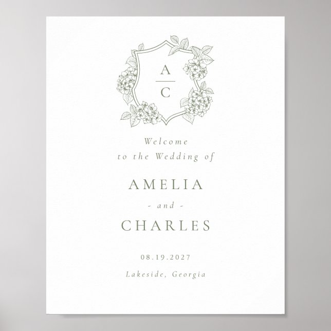 Floral Elegant Hydrangea Crest Wedding Welcome Poster (Front)