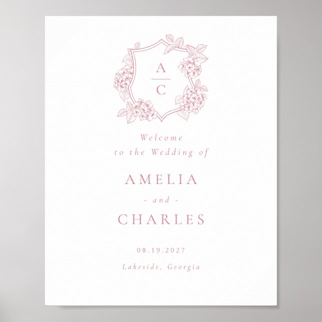 Floral Elegant Hydrangea Crest Wedding Welcome Poster (Front)