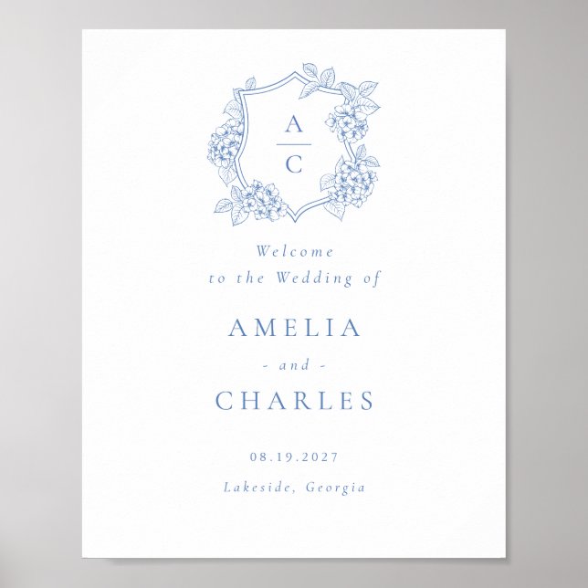 Floral Elegant Hydrangea Crest Wedding Welcome Poster (Front)
