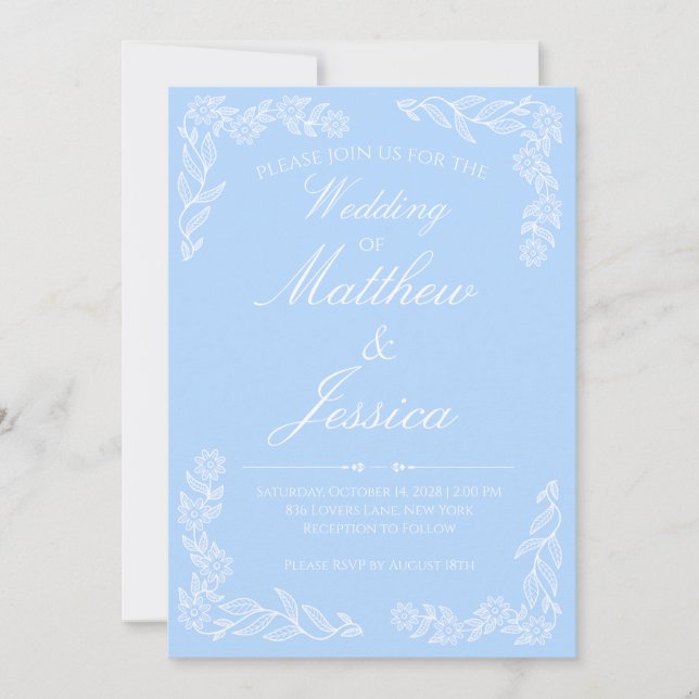Floral Elegant Light Blue Wedding Invitation  (Front)