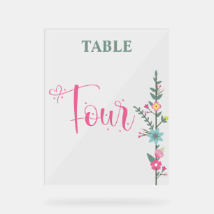 Floral Elegant Love Wedding Table Number FOUR Acrylic Sign