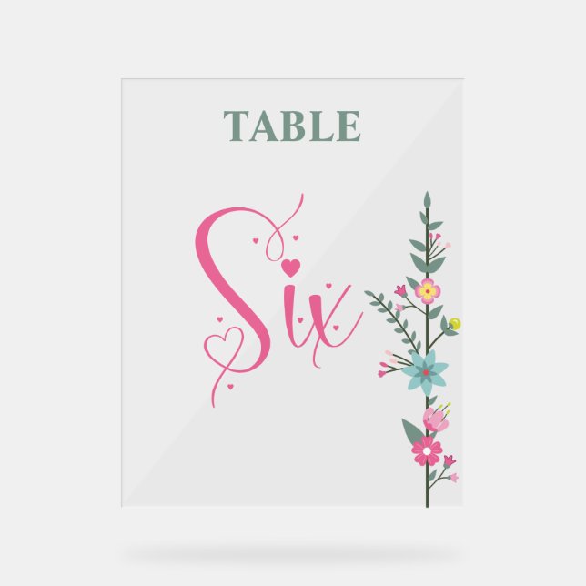 Floral Elegant  Love Wedding Table Number SIX Acrylic Sign (Front)