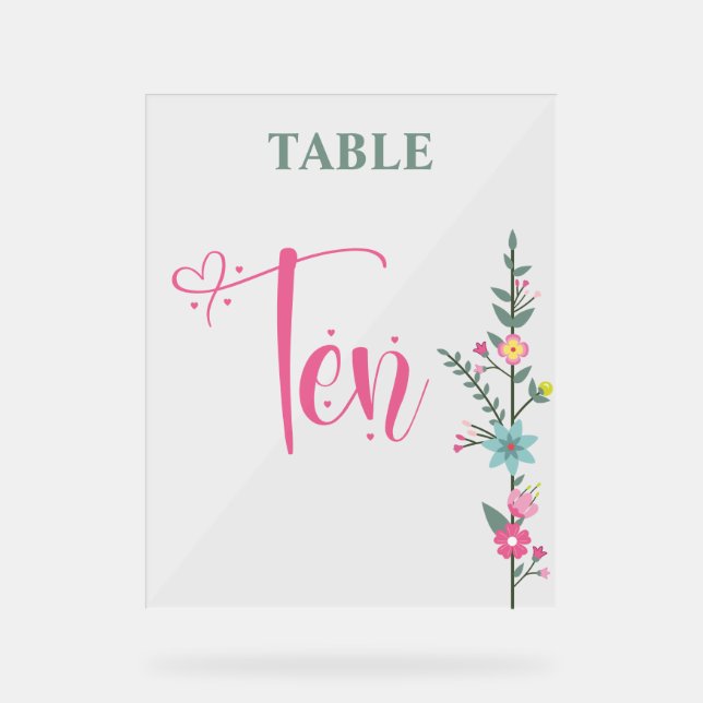 Floral Elegant  Love Wedding Table Number TEN Acrylic Sign (Front)