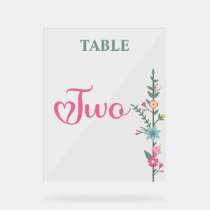 Floral Elegant Love Wedding Table Number TWO Acrylic Sign