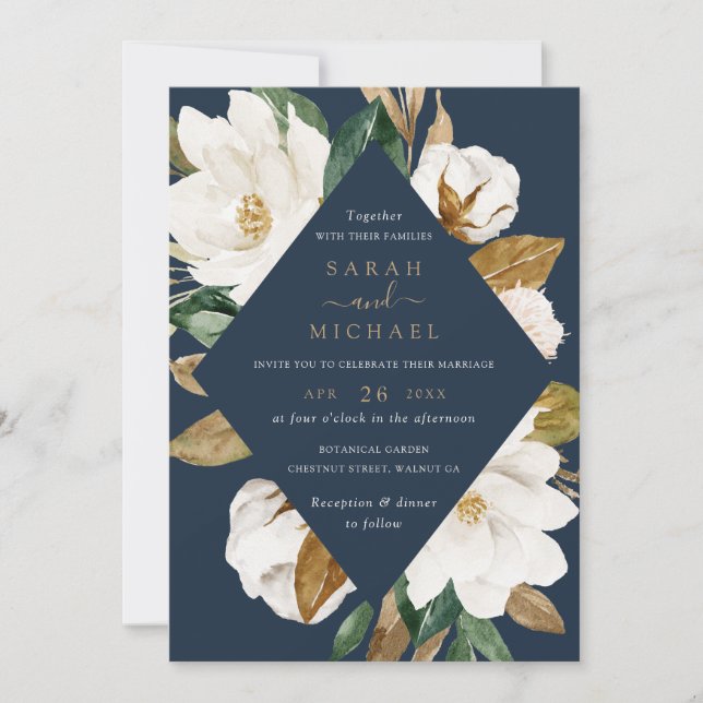 Floral Elegant Magnolia Beige Navy Wedding Invitation (Front)