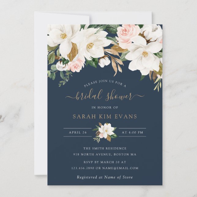 Floral Elegant Magnolia Blush Navy Bridal Shower Invitation (Front)