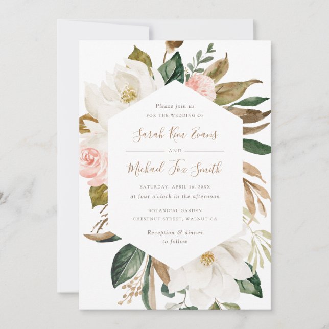 Floral Elegant Magnolia Blush Pink Neutral Wedding Invitation (Front)