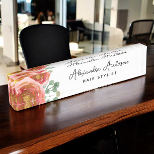 Floral Elegant Modern Watercolor Pastel Blush Pink Nameplate