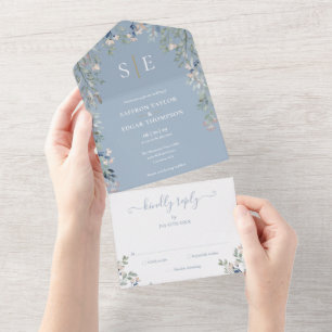Floral Elegant Monogram Dusty Blue Wedding All In One Invitation