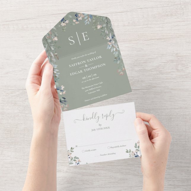 Floral Elegant Monogram Sage Green Wedding All In One Invitation (Tearaway)