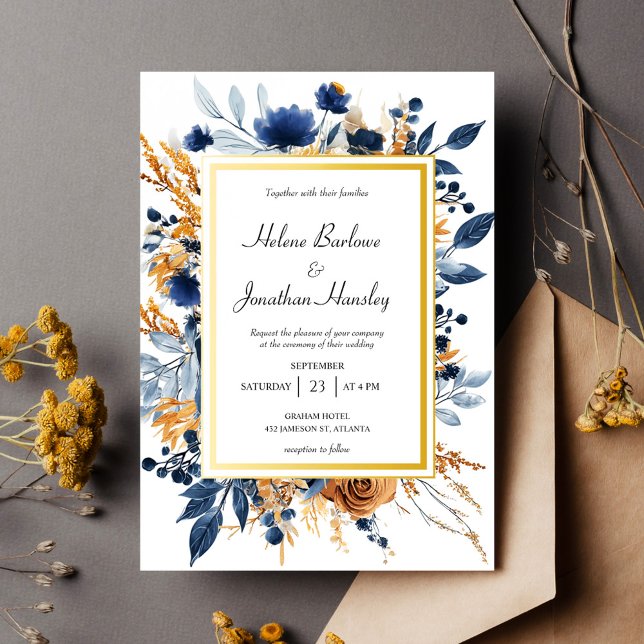 Floral Elegant Navy Blue Terracotta Wedding Invitation (Floral Elegant Navy Blue Terracotta Wedding Invitation)