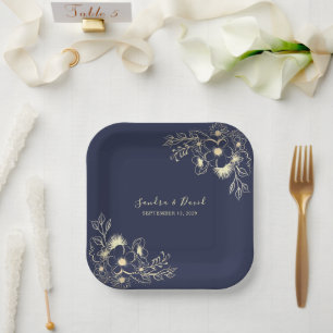 Floral Elegant Navy Blue Wedding Paper Plate