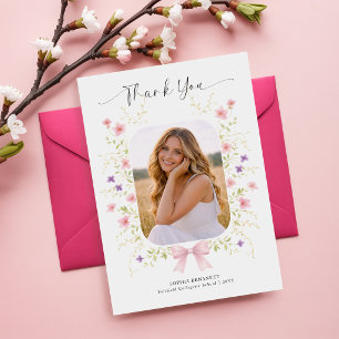 Floral Elegant Photo Pink Bow Graduation Thank You Postcard