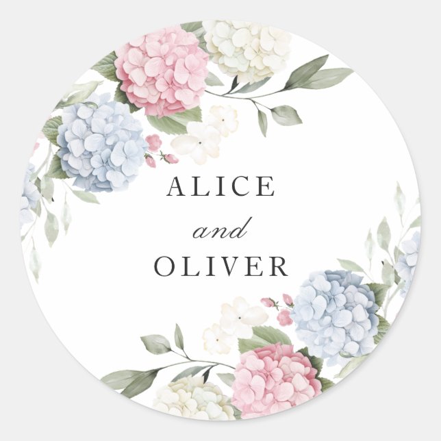 Floral Elegant Pink & Blue Hydrangea Envelope Classic Round Sticker (Front)