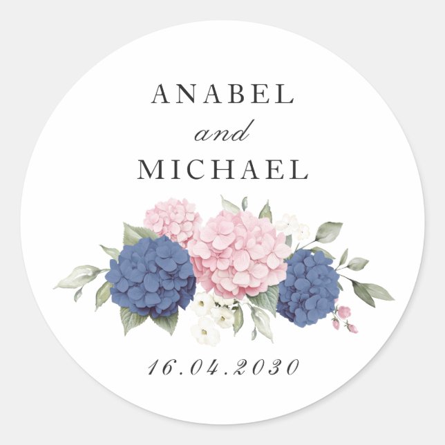 Floral Elegant Pink & Blue Hydrangea Envelope Classic Round Sticker (Front)