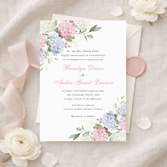 Floral Elegant Pink & Blue Hydrangea Wedding  Invitation (Creator Uploaded)