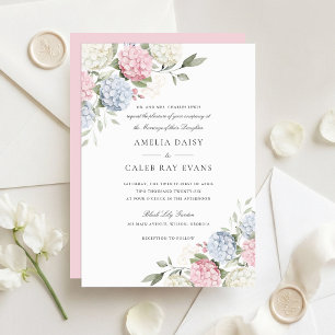 Floral Elegant Pink & Blue Hydrangea Wedding Invitation