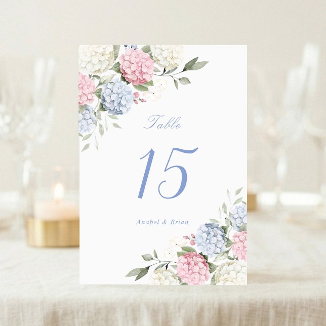 Floral Elegant Pink & Dusty Blue Hydrangea Wedding Table Number (Creator Uploaded)