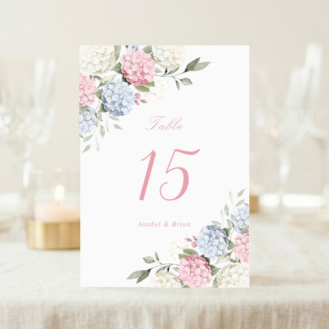 Floral Elegant Pink & Dusty Blue Hydrangea Wedding Table Number (Creator Uploaded)