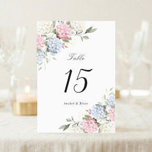 Floral Elegant Pink & Dusty Blue Hydrangea Wedding Table Number