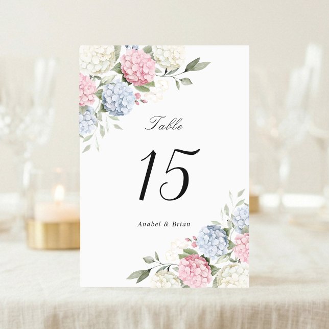 Floral Elegant Pink & Dusty Blue Hydrangea Wedding Table Number (Creator Uploaded)