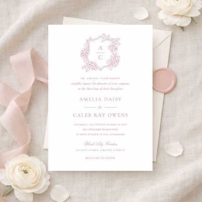Floral Elegant Pink Hydrangea Crest Wedding Invitation (Creator Uploaded)