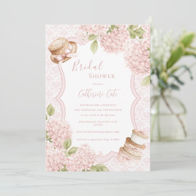 Floral Elegant Pink Hydrangea Vintage Bridal Invitation (Standing Front)