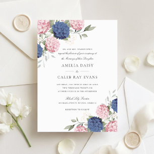 Floral Elegant Pink Navy Blue Hydrangea Wedding Invitation