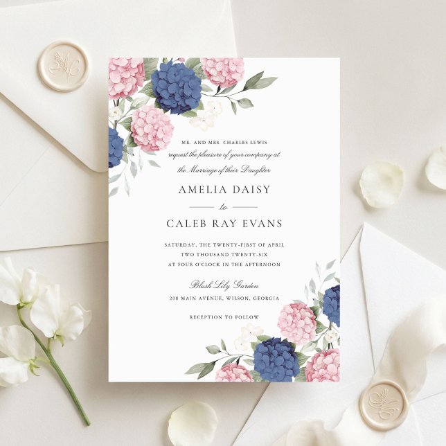 Floral Elegant Pink Navy Blue Hydrangea Wedding  Invitation (Creator Uploaded)