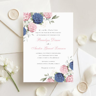 Floral Elegant Pink & Navy Blue Hydrangea Wedding Invitation