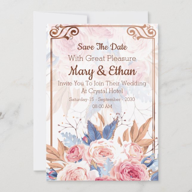 Floral Elegant Pink Rose Wedding Invitation Card (Front)