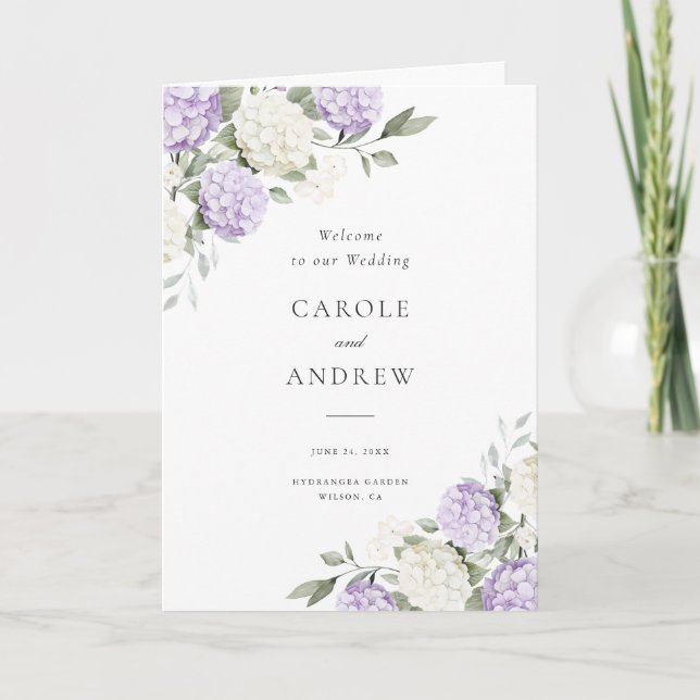 Floral Elegant Purple Hydrangea Folded Wedding Programme (Front)