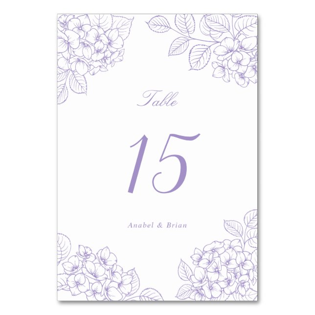 Floral Elegant Purple Hydrangea Wedding Table Number (Front)