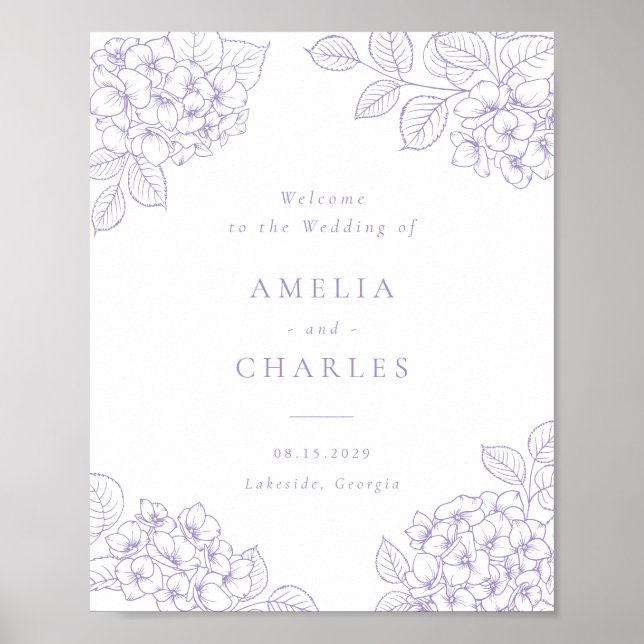 Floral Elegant Purple Hydrangea Wedding Welcome Poster (Front)