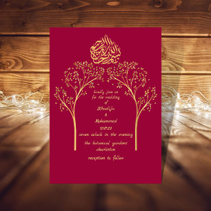 Floral elegant red muslim wedding invitation