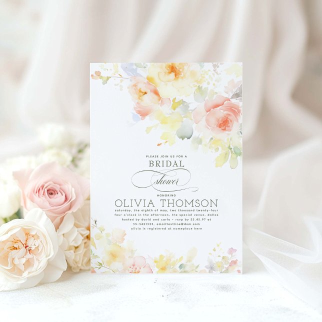 Floral Elegant Romantic Summer Bridal Shower Invitation (Elegant Soft Floral Bridal Shower Invitations)