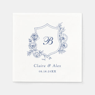 Floral Elegant Roses Crest Royal Blue Monogram Napkin