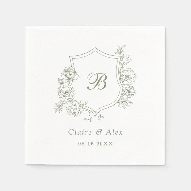 Floral Elegant Roses Crest Sage Green Monogram Napkin (Front)
