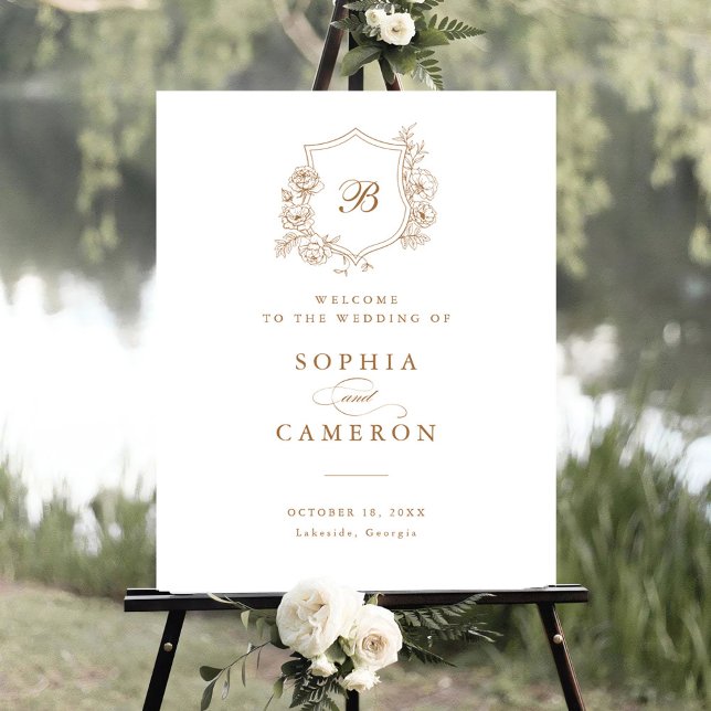 Floral Elegant Roses Monogram Crest Welcome Sign (Creator Uploaded)