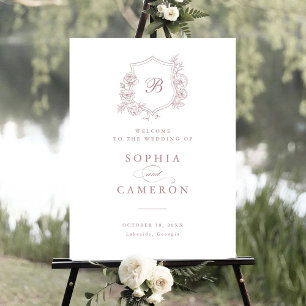 Floral Elegant Roses Monogram Crest Welcome Sign