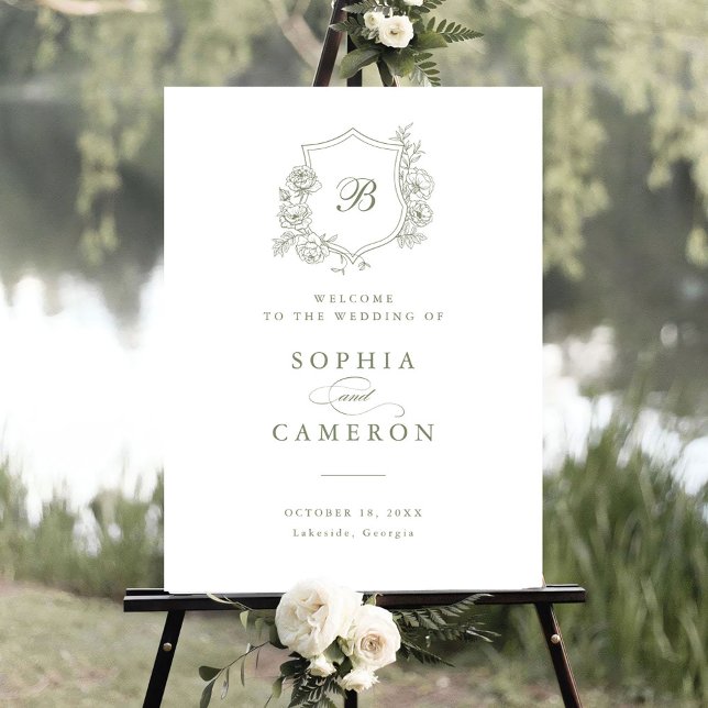 Floral Elegant Roses Monogram Crest Welcome Sign (Creator Uploaded)