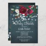 Floral elegant rustic burgundy navy baby shower invitation<br><div class="desc">Rustic fall or winter girl or boy baby shower party stylish invitation template on a dark navy blue chalkboard featuring a beautiful dark red wine and white peonies bouquet with hunter green foliage, strings of white twinkle lights, and a chic typography script. Easy to personalise with your details! The invitation...</div>