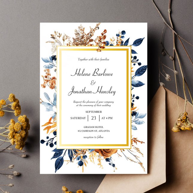 Floral Elegant Rustic Navy Blue Terracotta Wedding Invitation (Floral Elegant Rustic Navy Blue Terracotta Wedding Invitation)
