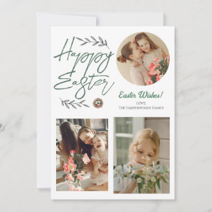Floral Elegant Script Easter Family Three Photo Holiday Card